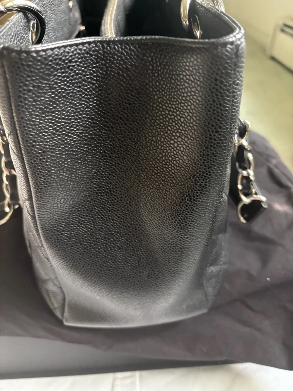 CHANEL Black Quilted Caviar Leather Tote with Silver Chain Handles